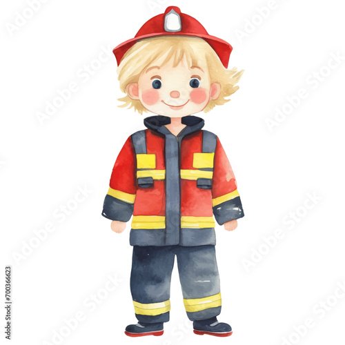 boy in firefighter's costume, watercolor graphic resources with transparent background, occupation that wears uniform