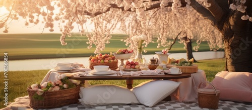 Spring brunch picnic amidst cherry blossoms, outdoors.