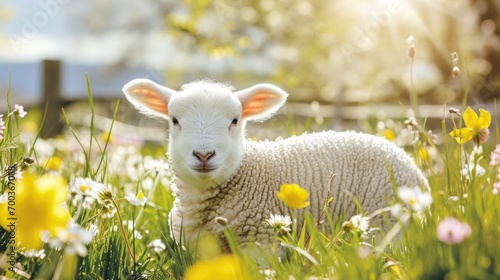 Cute baby lamb in the blooming flower field. Greeting card, Easter or springtime concepts photo