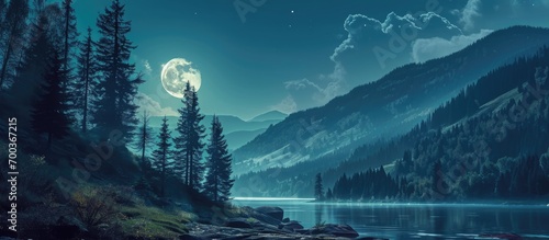 Moonlit coniferous forest landscape near a lake in the mountains at night.