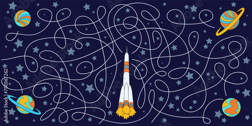 Maze game. Find which planet the rocket will land on. Educational games for children. Vector illustration.