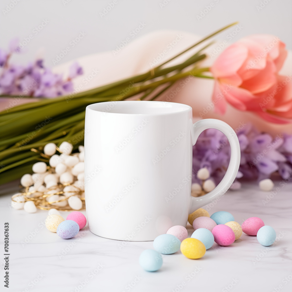 White mug Mockup with tulips and easter eggs White mug Mockup with tulips and easter eggs