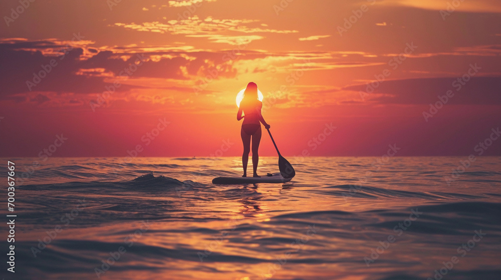 Woman at sunset doing paddle surfing