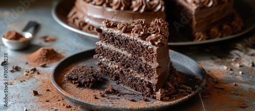A slice of homemade chocolate cake with the remaining cake behind. photo