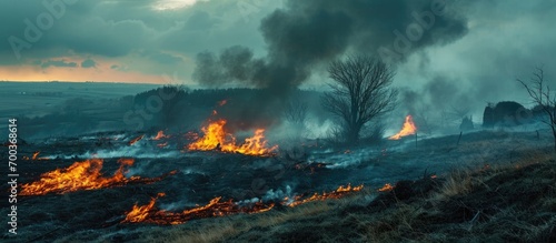 Burning landscape with flames and smoke during cal.