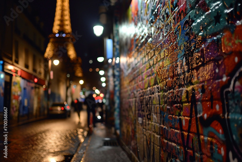 Paris at night with Graffiti wall
