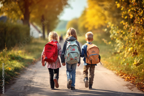 Back to school. Pupil kids with backpack going to school together in vintage color tone