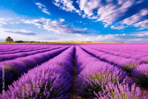 Beautiful lavender field with blue sky and clouds.