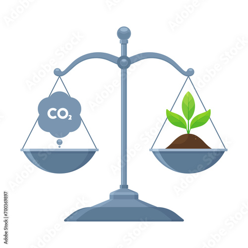 Nature - Environment - Climate Change - Carbon Neutrality, Carbon Offset, and Decarbonization Concept - CO2 Emissions and Eco-Friendly Solutions Being Compared on a Scale