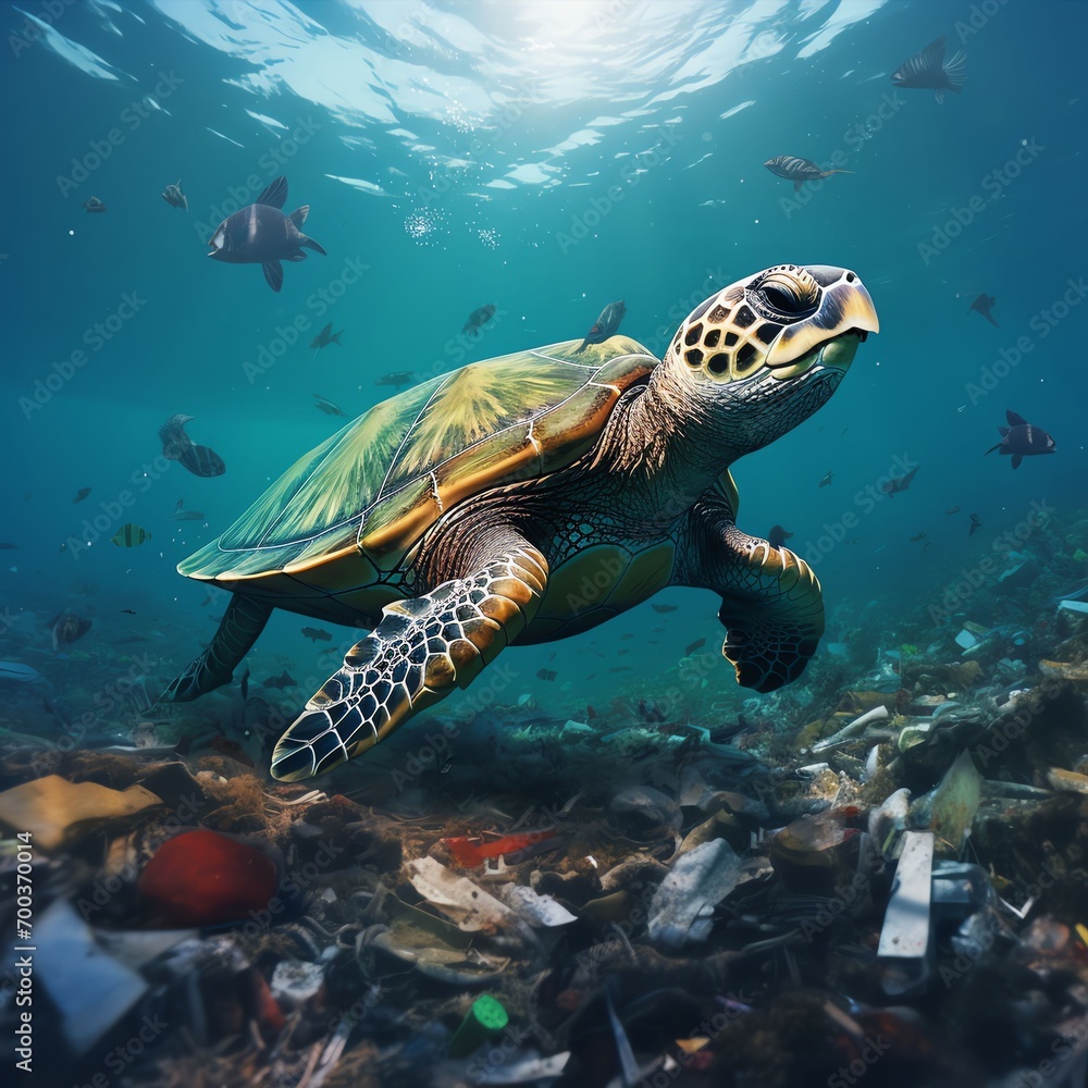 a turtle middle of sea diry with trash