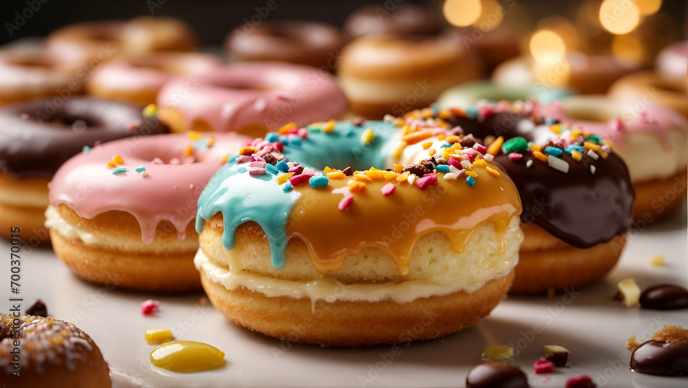 Fresh sweet donuts with multicolored fruit glaze and sprinkles decorated Fresh sweet donuts with multicolored fruit glaze and sprinkles decorated