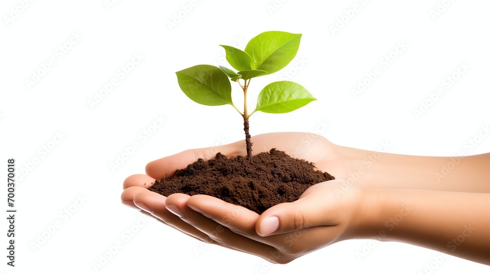 Hands holding young plant sprout isolated on transparent or white background Hands holding young plant sprout isolated on transparent or white background