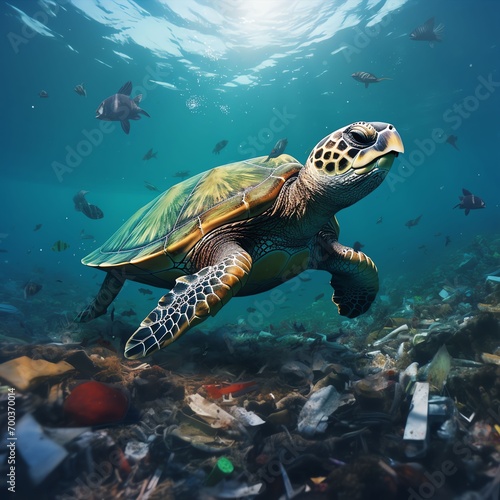 a turtle middle of sea diry with trash © mh