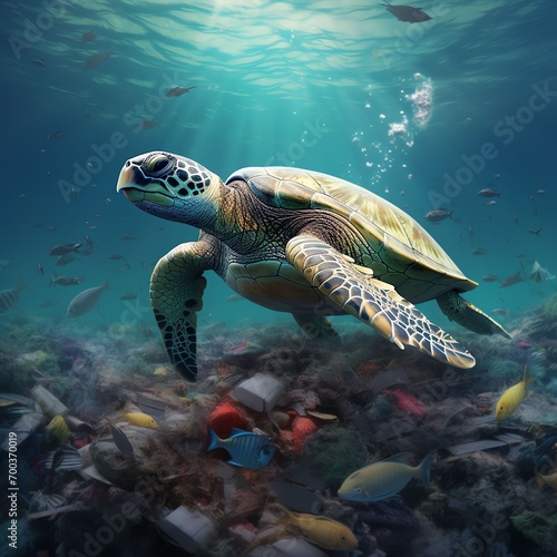 a turtle middle of sea diry with trash