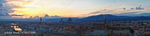Florence from Piazzale Michelangelo at sunset, capital of Italy’s Tuscany region, Duomo, Ponte Vecchio River Arno Renaissance center for art and architecture, Italy. Europe. © Jeremy
