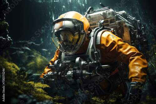 An individual exploring the depths of the ocean using advanced underwater habitats and exploration devices. Concept of deep-sea exploration. Generative Ai. © Sebastian