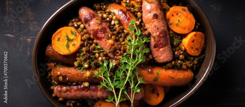 Carrot, lentils, and sausage cooked together.