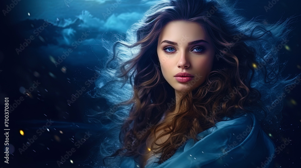 Portrait of a woman in the style of fantasy with a mystical background and attributes Portrait of a woman in the style of fantasy with a mystical background and attributes