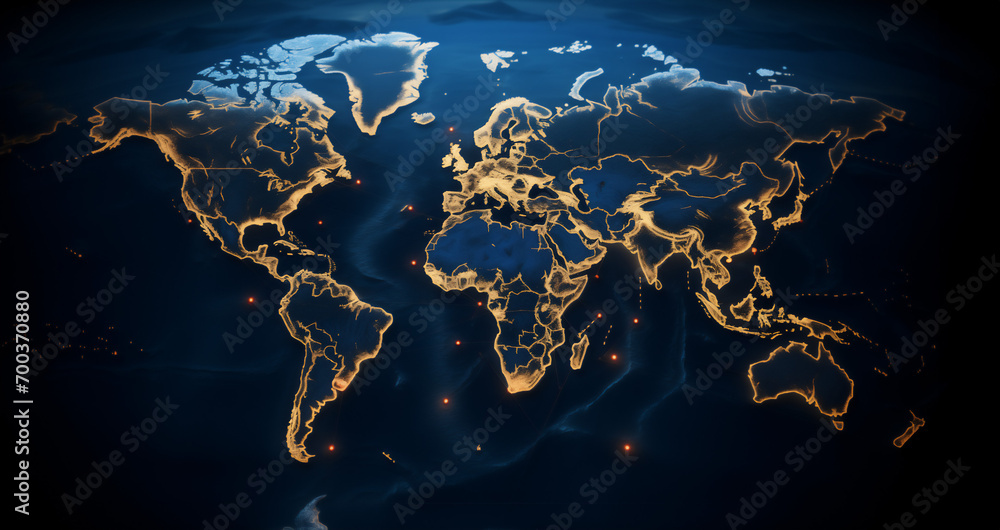 Fototapeta premium Illuminated world map in the night highlighting global connectivity, with golden lines and lights representing major connections between continents and cities of the planet