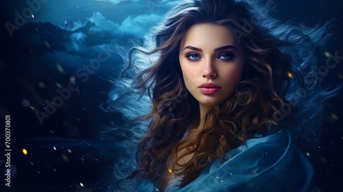 Portrait of a woman in the style of fantasy with a mystical background and attributes photo