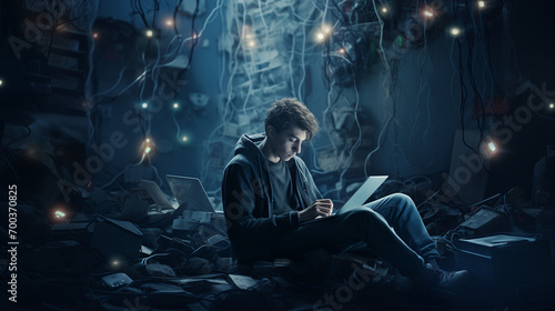 Teenage boy working from home with a laptop in a dark room with dim lights. Western hikikomori addicted to new technologies and digital entrepreneurship