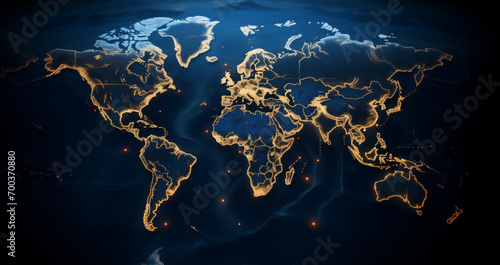 Illuminated world map in the night highlighting global connectivity, with golden lines and lights representing major connections between continents and cities of the planet #700370880