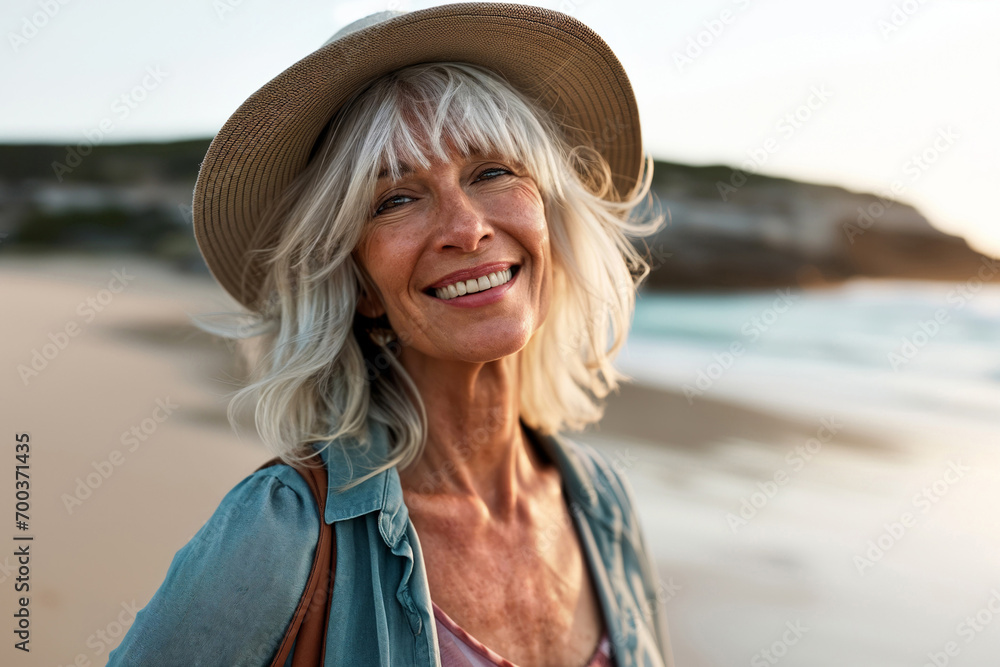 Smiling retired mature woman at the beach, happy, joyful, enjoying sunny weather near the ocean, natural and relaxed senior lifestyle