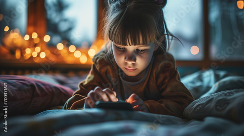 little kid looking at mobile phone lying on the bed, ai generated © Alona