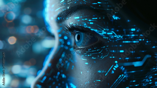  Cycbersecurity concept close up woman eye with the data. Created using generative AI.
