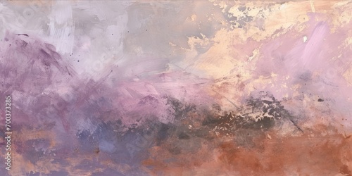 Abstract painting with textured brushstrokes in shades of purple, brown, and gray. © Enigma
