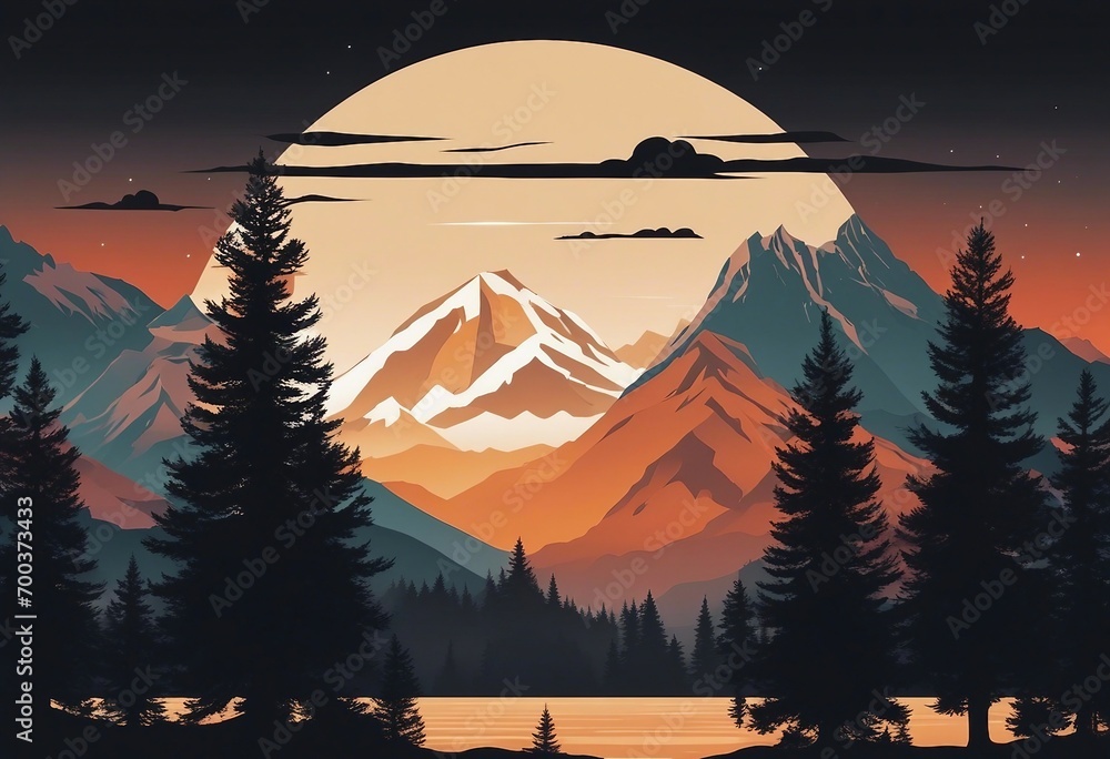 Orange silhouette of mountains and fir trees camping landscape panorama illustration