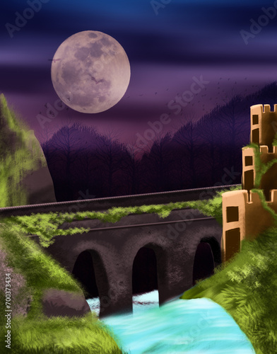 bridge background with moon sky and water fall