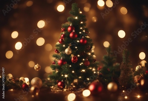 Small Christmas tree with decoration and blurred lights background