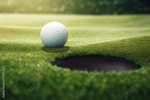 3D illustration of a golf ball nearing the hole. Generative AI