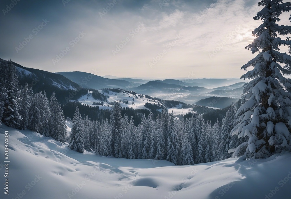 Stunning panorama of snowy landscape in winter wonderland