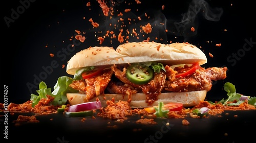 Delicious grilled turkish or beef meat sandwish boasting a medley of soaring ingredients and spices served hot and ready to savor. Commercial advertisement menu banner with copyspace area photo