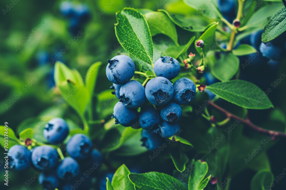 Cluster of ripe blueberries on the bush with vibrant green leaves, depicting freshness and natural growth. Cluster of ripe blueberries on the bush with vibrant green leaves, depicting freshness and natural growth.