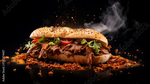 Delicious grilled turkish or beef meat sandwish boasting a medley of soaring ingredients and spices served hot and ready to savor. Commercial advertisement menu banner with copyspace area photo