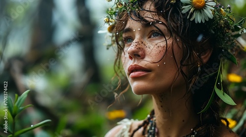 Slavic girl with a crown of flowers, rituals, pagan beliefs photo