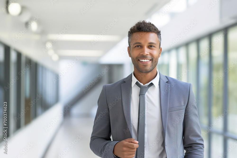 Brazilian businessman standing in an office corridor and looking at camera. Casual shot Brazilian businessman standing in an office corridor and looking at camera. Casual shot