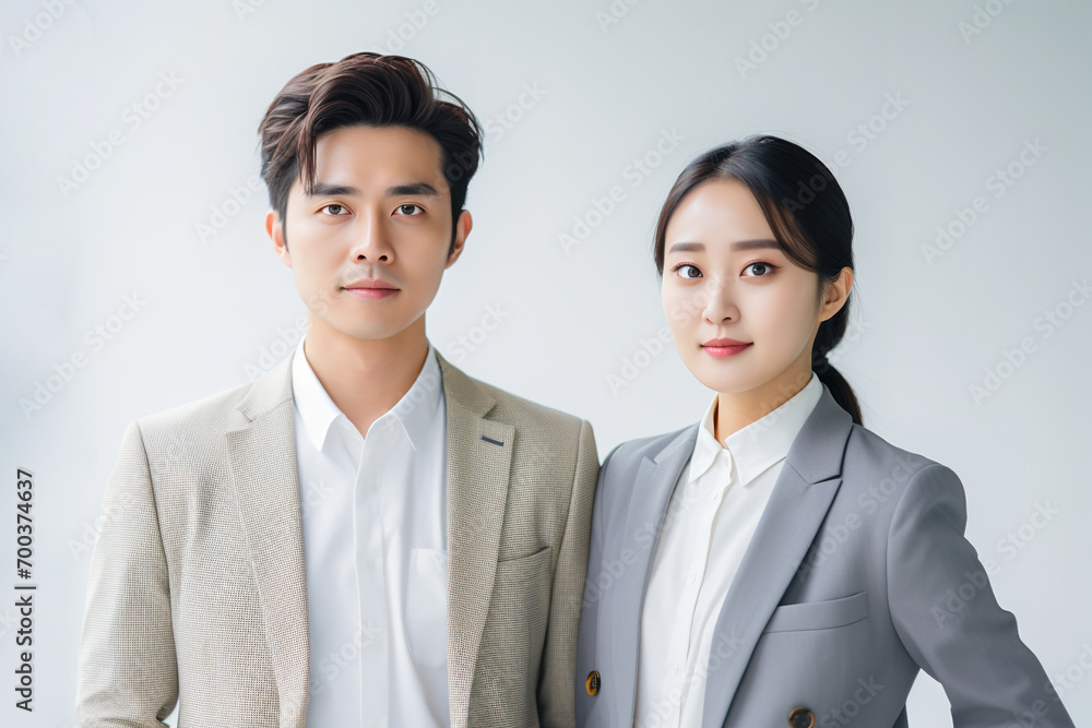 Young Asian business couple dressed in suits posing over white background office Young Asian business couple dressed in suits posing over white background office