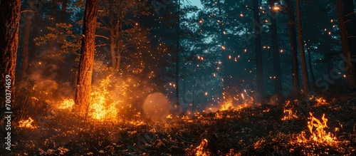 Nighttime forest with large fiery bonfire and sparking embers, rendered in ai.