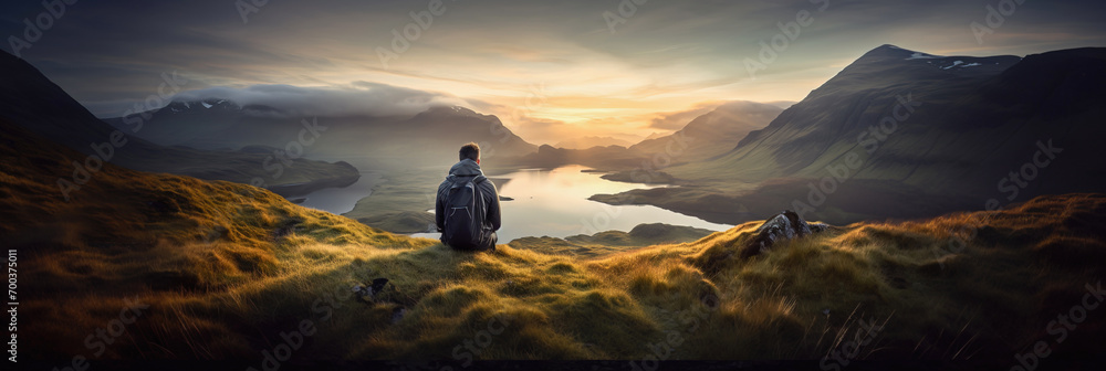 Backpacker sitting at top of panoramic mountain viewpoint. Panoramic landscape shot - obrazy, fototapety, plakaty 