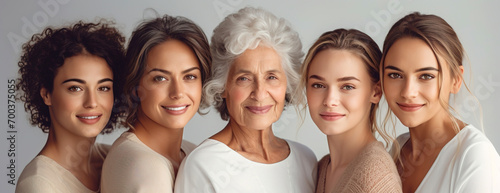 Portrait of a female lineage of family. Grand mother, daughters and grand daughters headshot posing all together and looking at camera photo