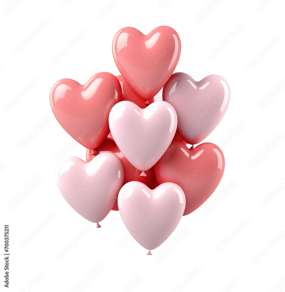 Valentine's Day 3D heart shape balloons in pink color over isolated transparent background