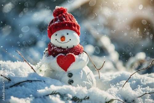 Snowman with heart, Valentine's day concept. Background with selective focus and copy space © top images
