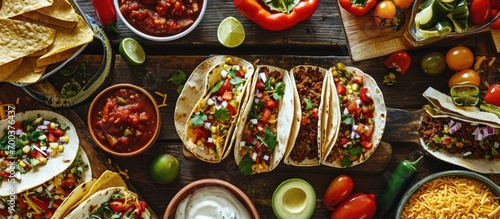Mexican cuisine includes tacos, burritos, nachos, burgers, and more.