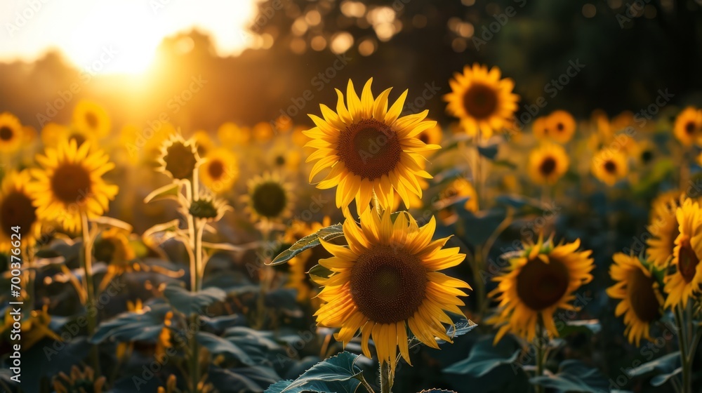 Sunflower field during daylight. Bright yellow sunflowers bathed in natural sunlight. A feeling of warmth, beauty, peace of nature. Concept of positivity and energy of the sun Sunflower field during daylight. Bright yellow sunflowers bathed in natural sunlight. A feeling of warmth, beauty, peace of nature. Concept of positivity and energy of the sun