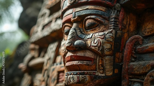 Mayan totems, ancient masks, worship of gods photo