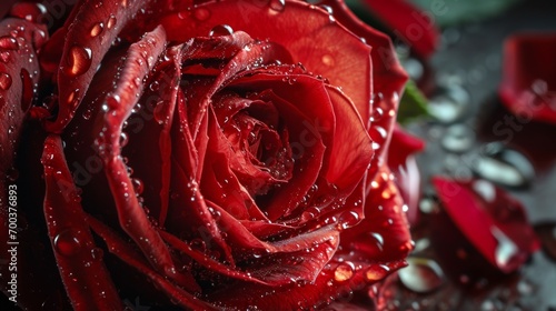 Close-up of a rose bush. Rose petals with water drops